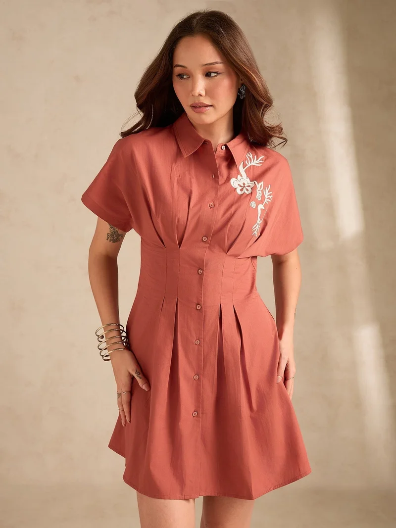 Outzidr  Rust Dolman Fit Printed Shirt Dress With Belt Detail for Women | Best Price UAE